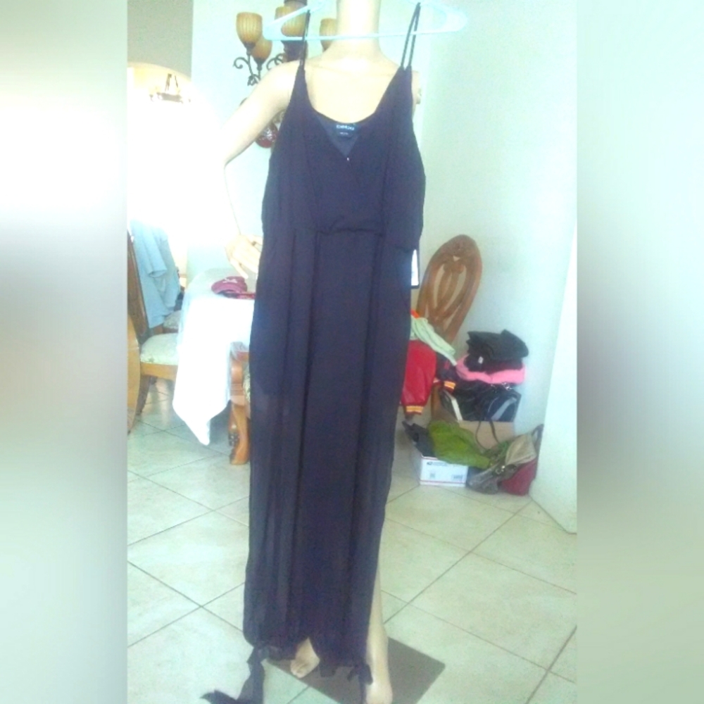 BNWT BEBE BLACK JUMPER/ JUMPSUIT SZ. LG PARTLY LINED SHEER / SLIT LEGS TIE ANKLE